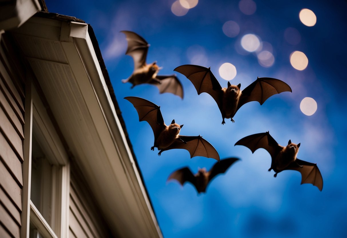 Bats returning to a house at night, flying towards an open window or eave where they roost