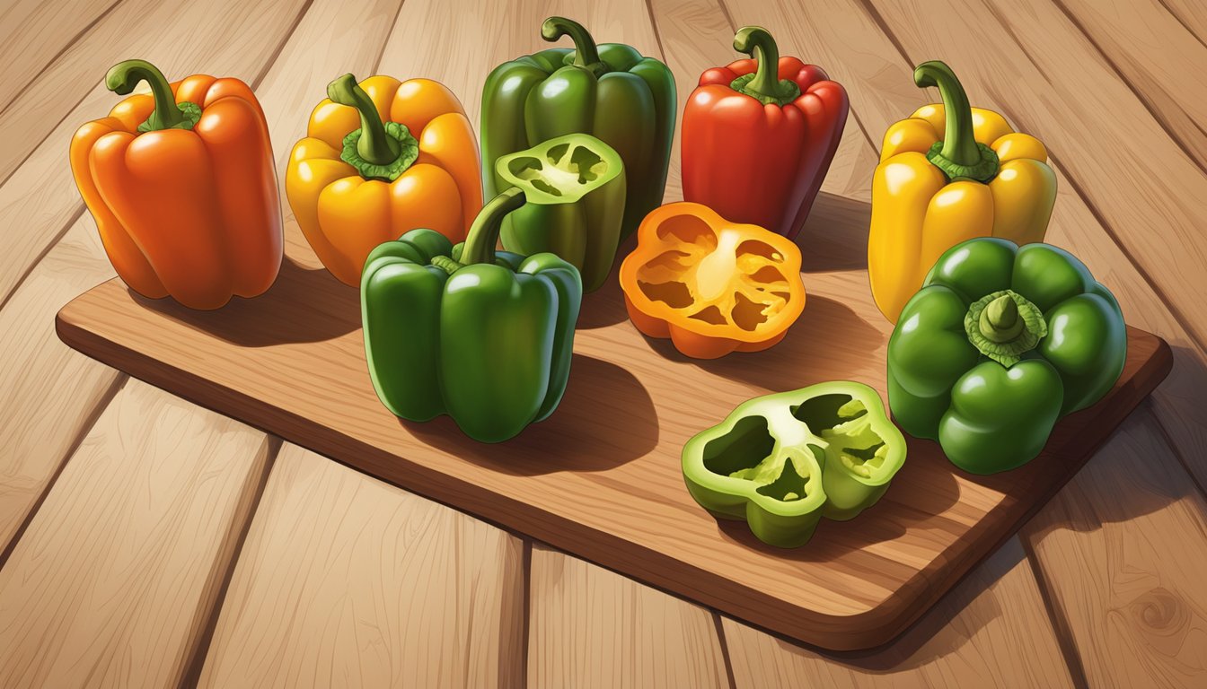 A colorful array of bell peppers arranged on a wooden cutting board, showcasing their different shapes, sizes, and colors. A nutrition label with glycemic index values is displayed next to them