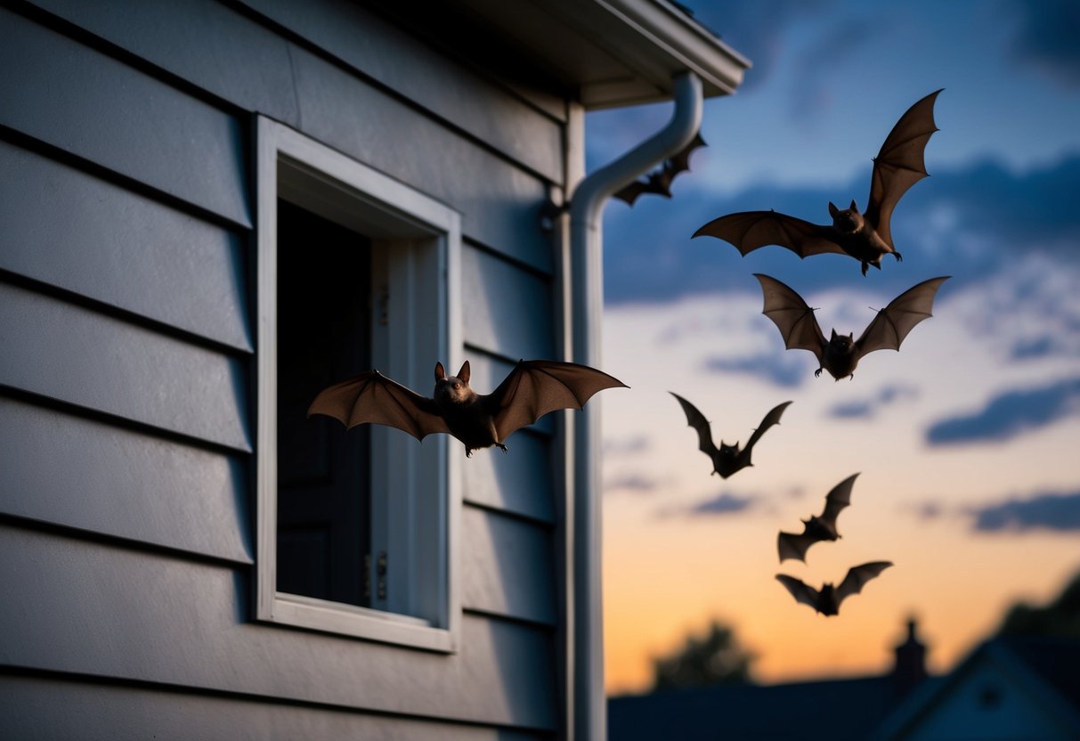Bats flying out of a dark, narrow opening in the side of a house at dusk, then returning to the same spot at dawn
