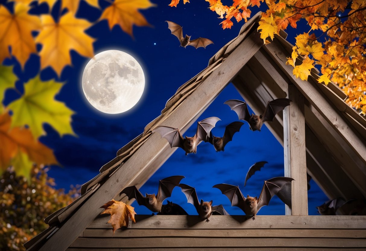 Bats returning to a familiar roost in a cozy attic, surrounded by autumn leaves and a full moon in the night sky