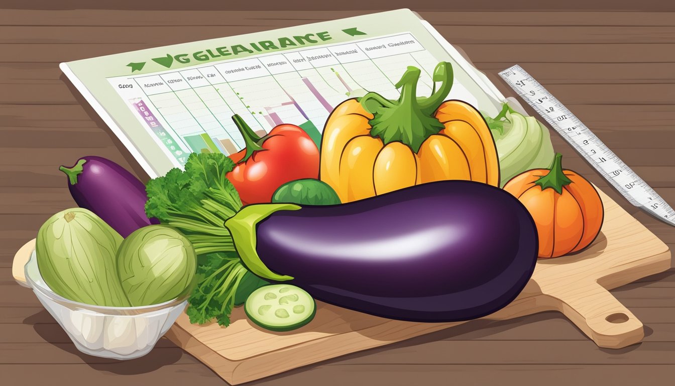 A whole eggplant surrounded by various vegetables and a glycemic index chart in the background