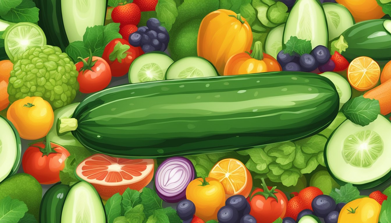 A cucumber surrounded by a variety of fresh vegetables and fruits, with a nutrition label in the background