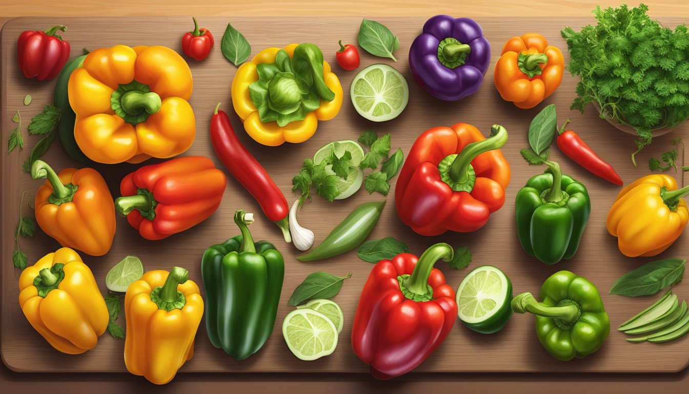 A colorful array of bell peppers arranged on a cutting board, with a variety of other fresh vegetables and herbs nearby