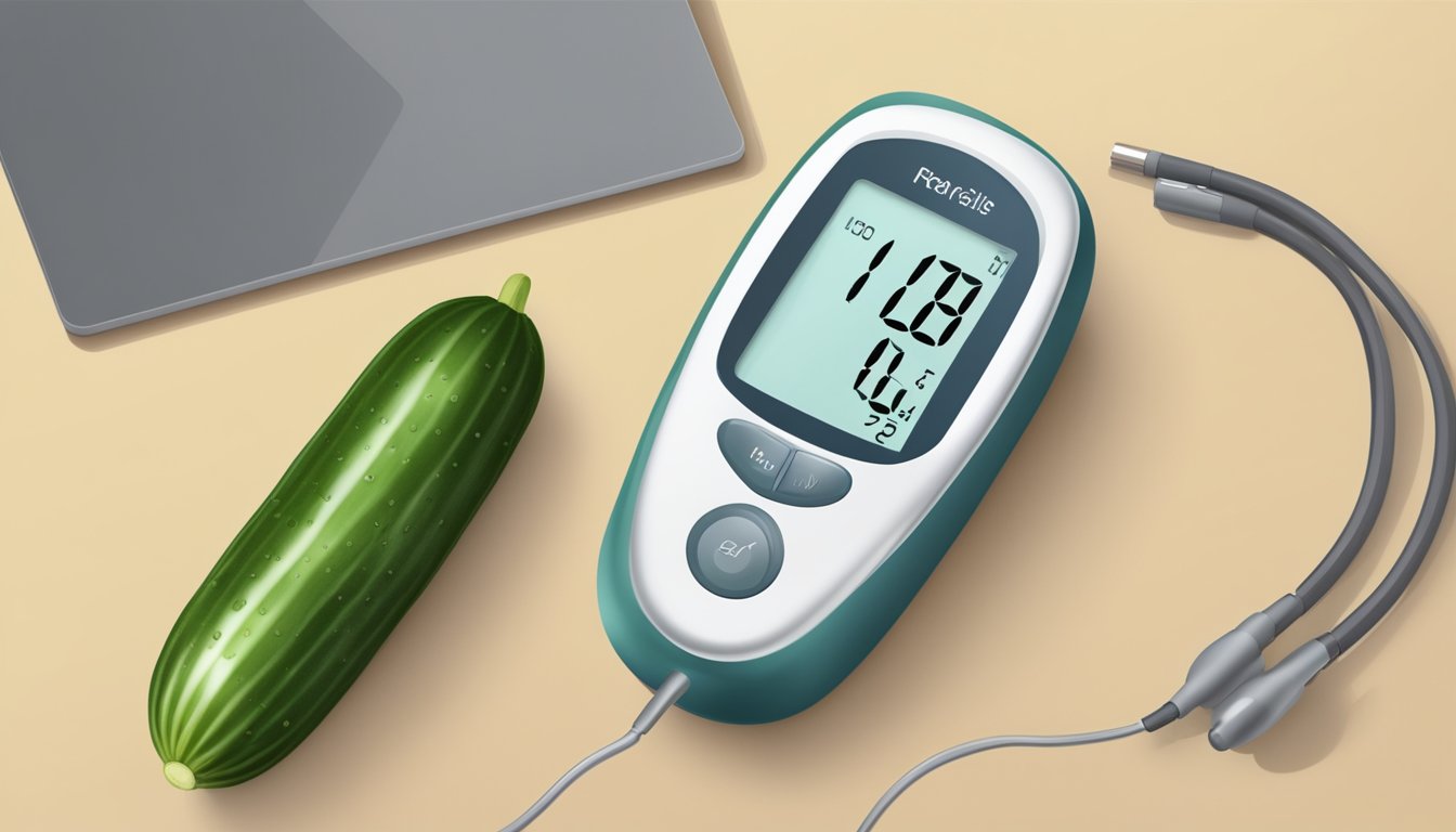 A cucumber sitting next to a blood glucose monitor, with a steady line on the screen