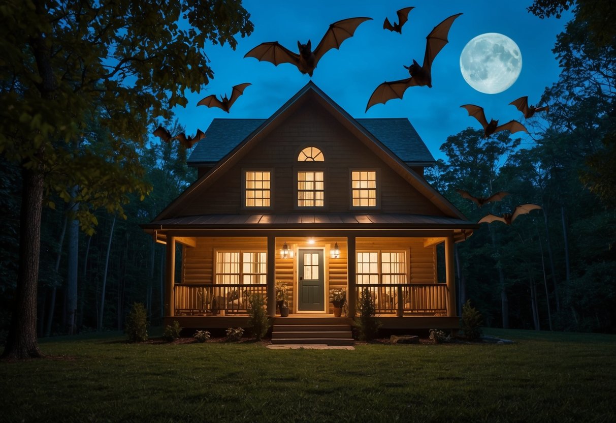 Bats circling around a cozy, moonlit house nestled in the woods