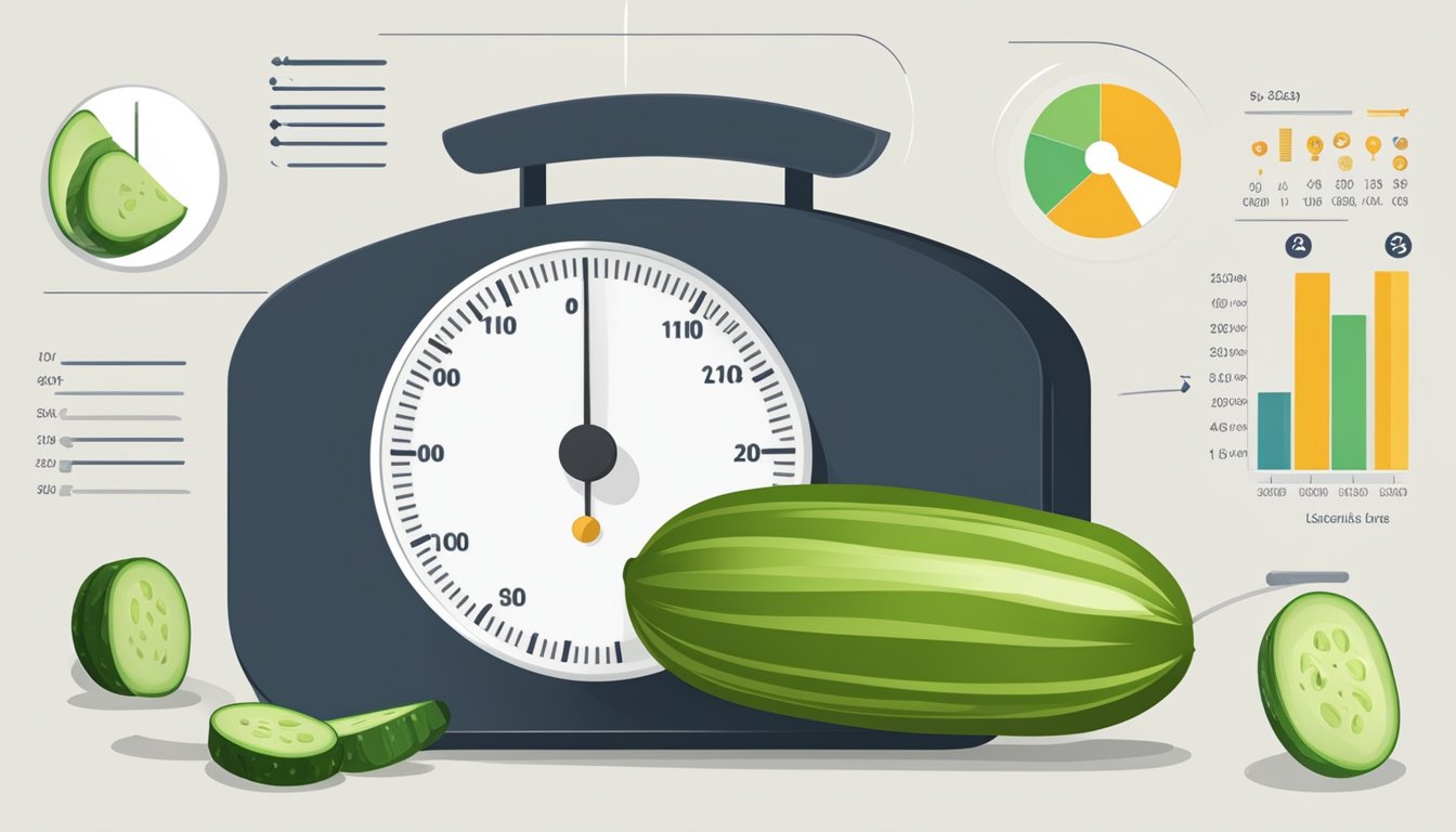 A cucumber next to a scale and a chart showing glycemic index levels