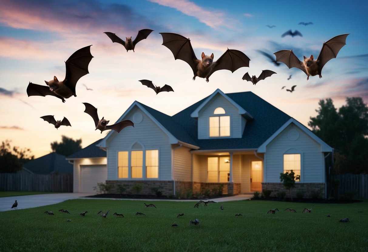 Bats flying around a house at dusk, roosting in the eaves, and hunting insects in the yard