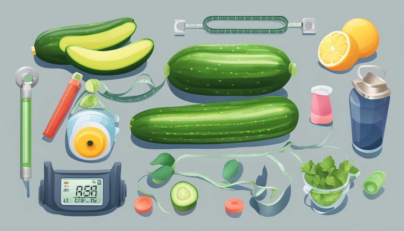 A cucumber surrounded by various health-related items such as a measuring tape, a heart rate monitor, and a scale