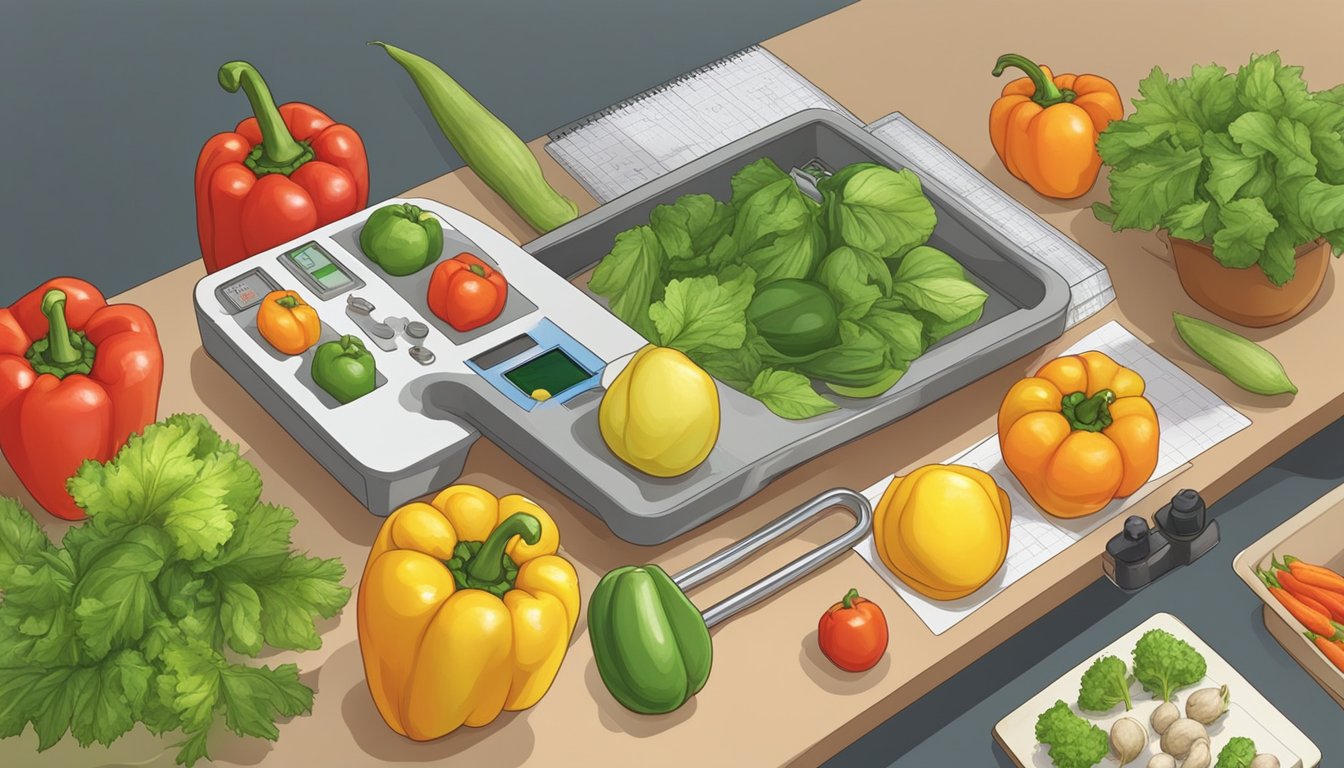 A bell pepper, surrounded by various vegetables, is being measured and compared using a scientific instrument