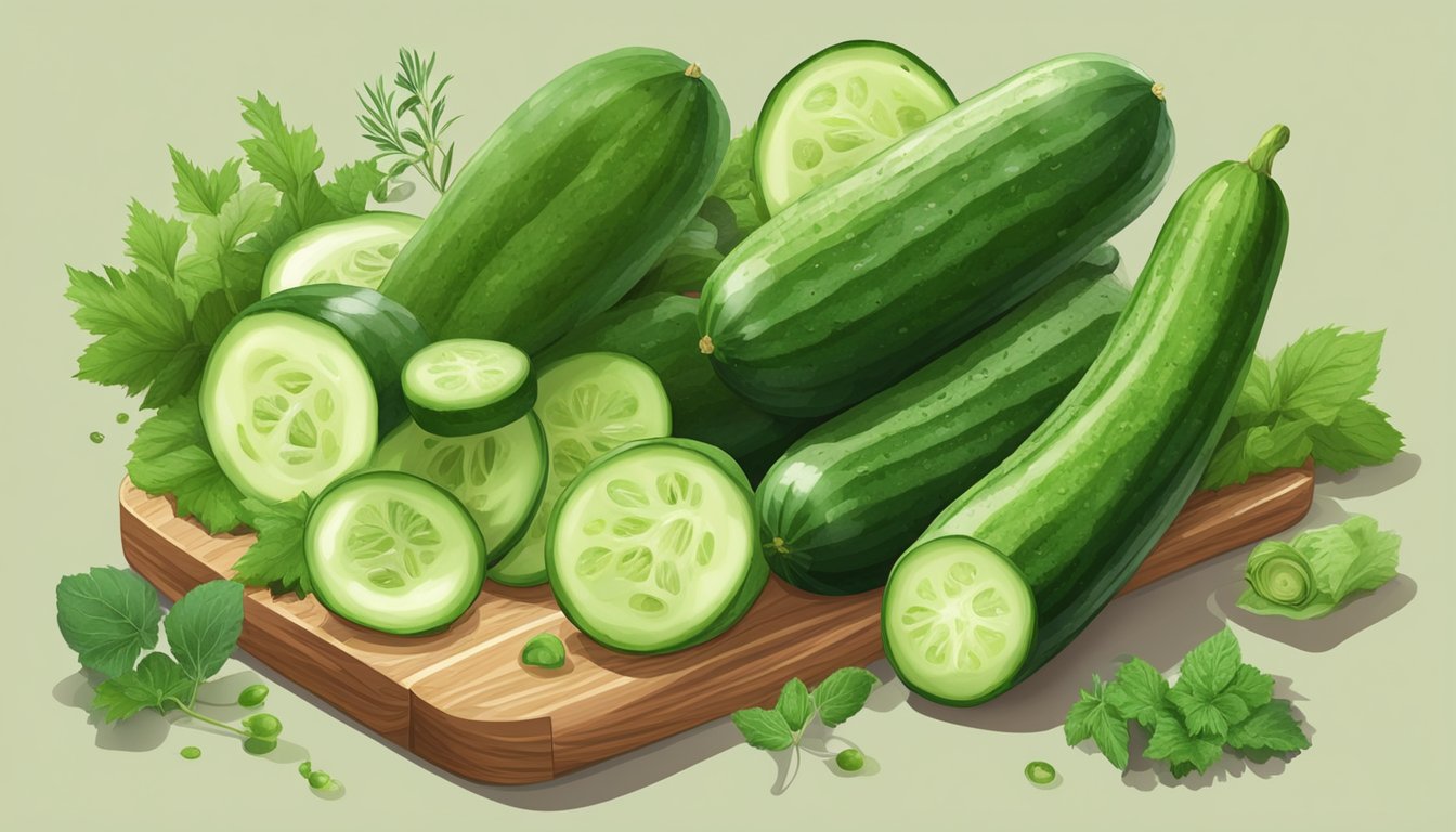 A variety of cucumbers arranged on a wooden cutting board, surrounded by herbs and other fresh ingredients