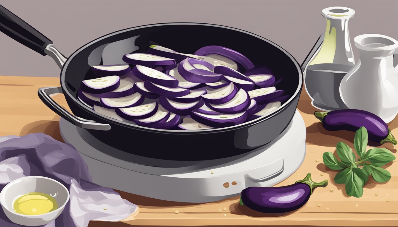 Sliced eggplant being sautéed in a pan with garlic and olive oil