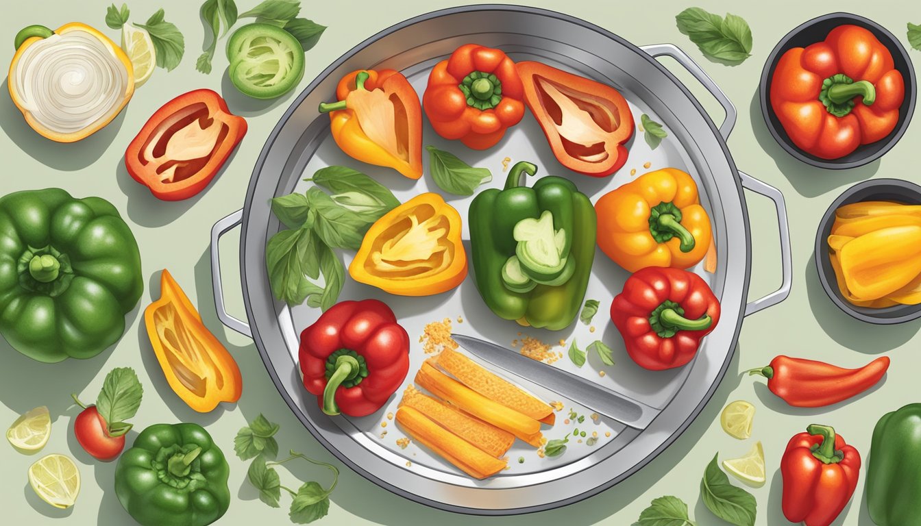 A bell pepper being sliced and then cooked in a pan, with a variety of nutrient-rich ingredients surrounding it