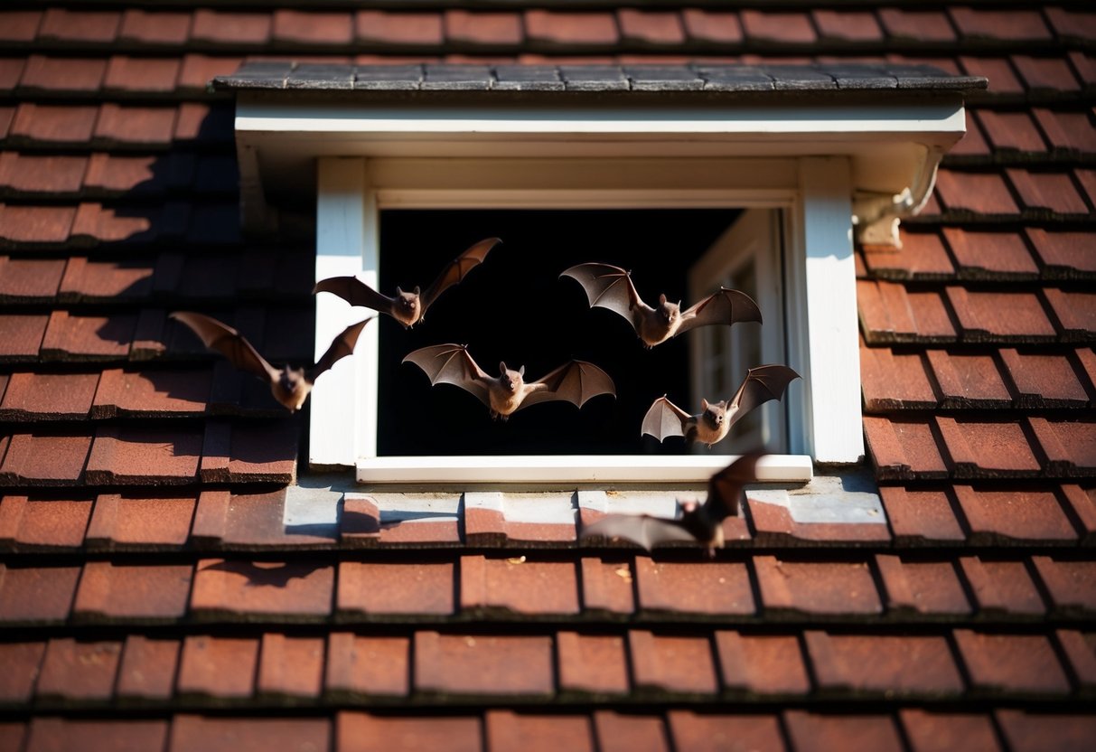 Bats flying into a house through a small opening in the roof at night