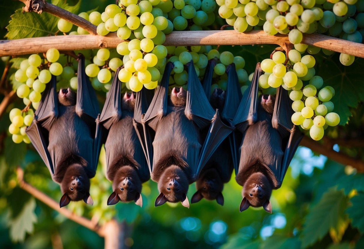 A group of bats hanging upside down, surrounded by clusters of ripe grapes