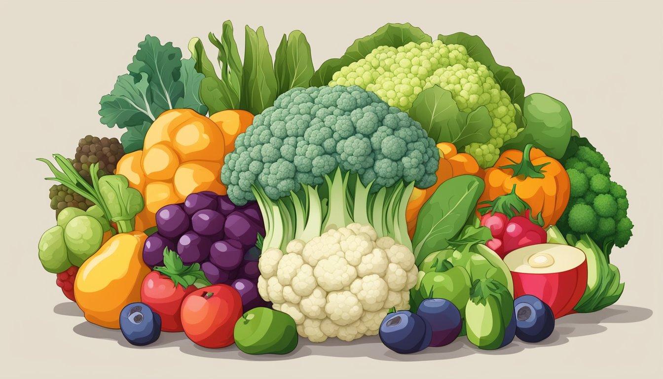 A head of cauliflower surrounded by a variety of colorful fruits and vegetables, with a nutrition label in the background