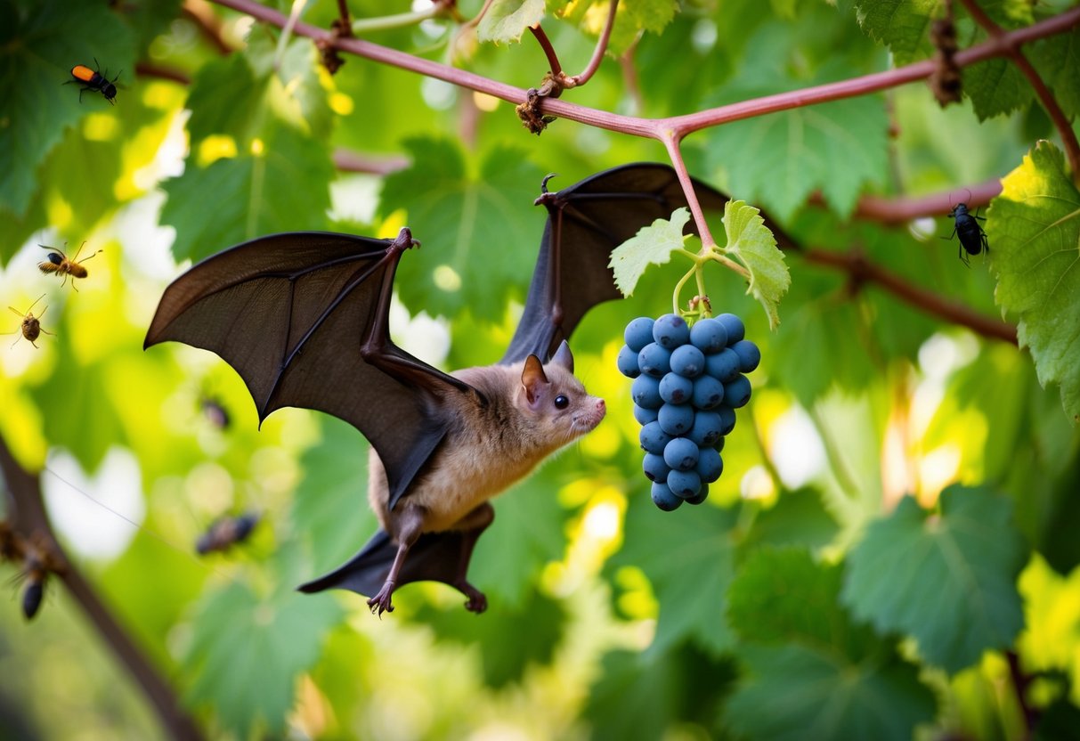 A bat swoops down to snatch a grape from a cluster hanging on a vine, surrounded by various insects and pests