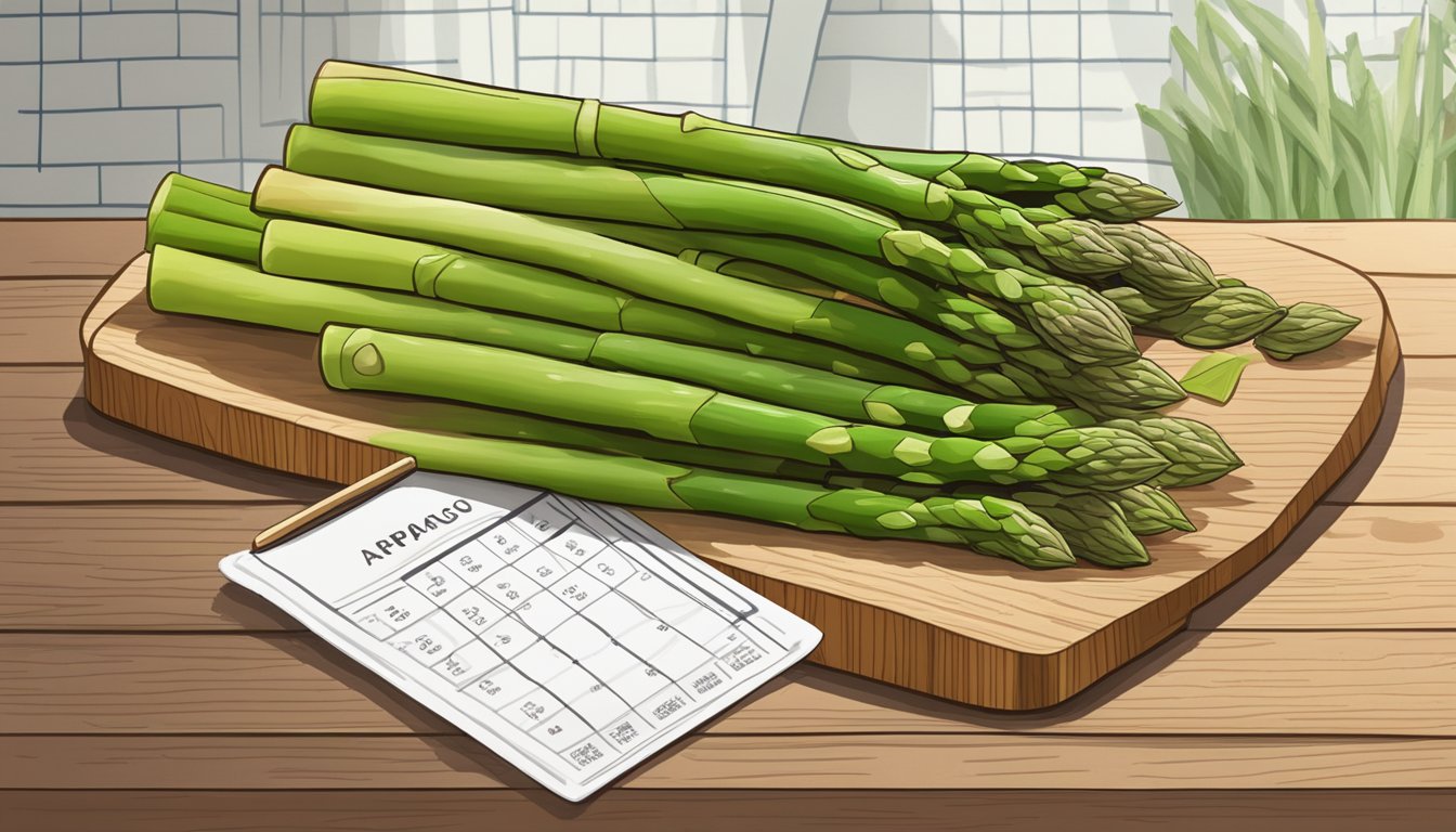 Fresh asparagus arranged on a wooden cutting board with a GI chart in the background