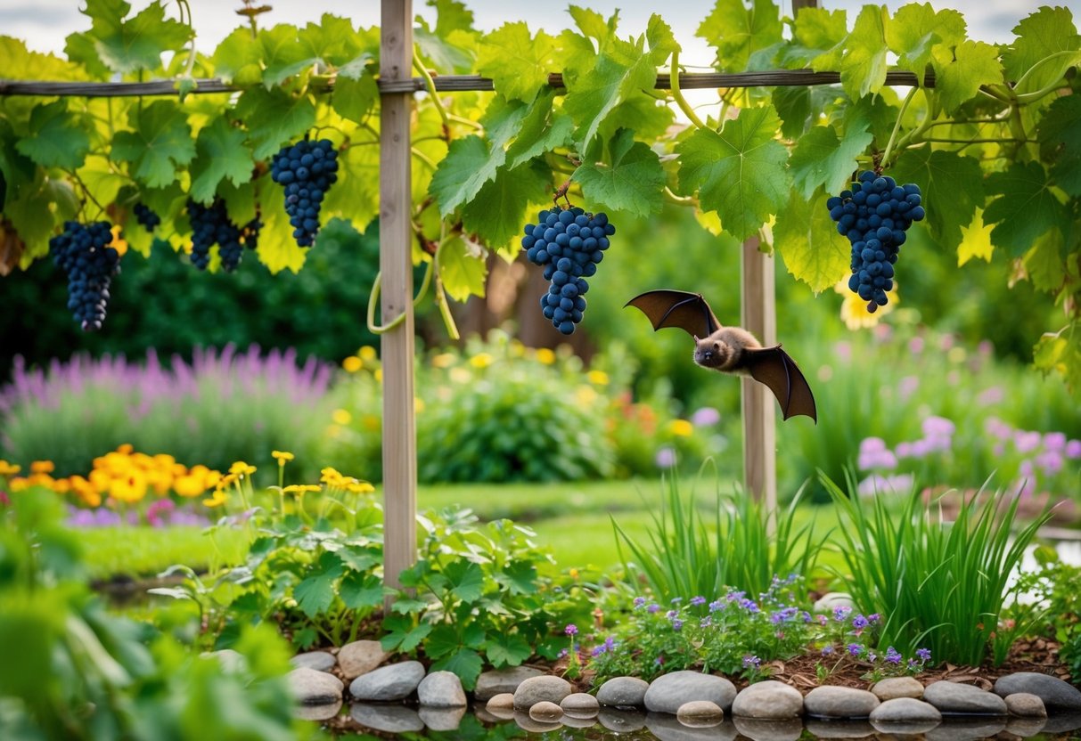 A lush garden with grapevines hanging from a trellis, surrounded by blooming wildflowers and a small pond. A bat swoops down to pluck a ripe grape from the vine