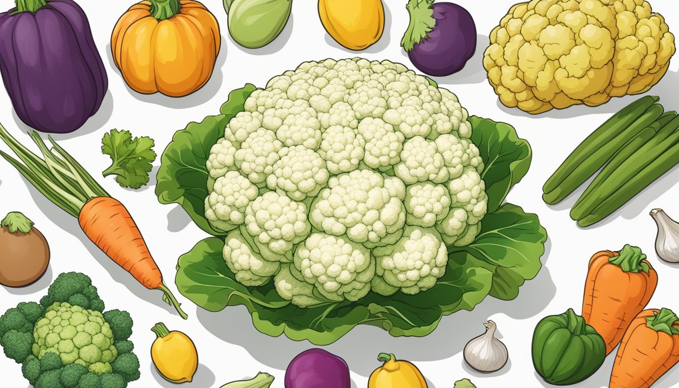 A head of cauliflower surrounded by a variety of low-glycemic vegetables and a glycemic index chart in the background