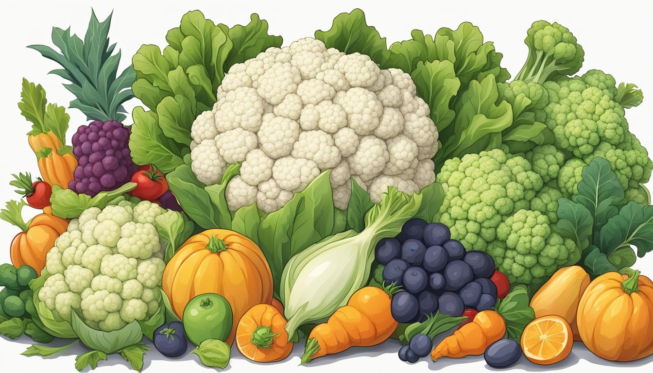 A head of cauliflower surrounded by various fruits and vegetables, with a prominent focus on its texture and color