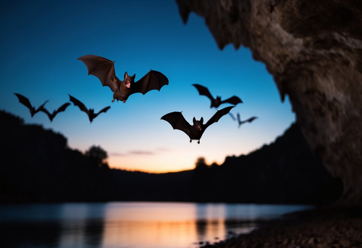 Bats flying out of a dark cave at dusk