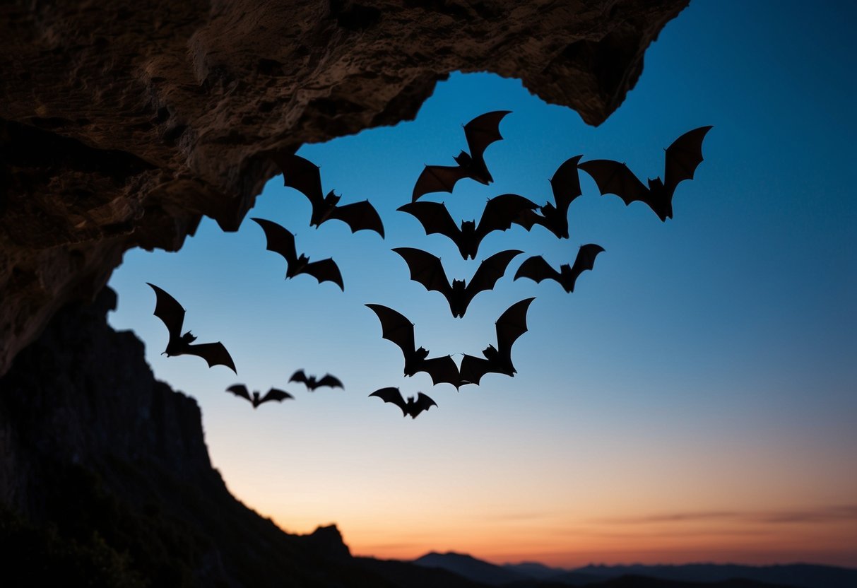 Bats emerging from a dark cave at dusk, silhouetted against the evening sky