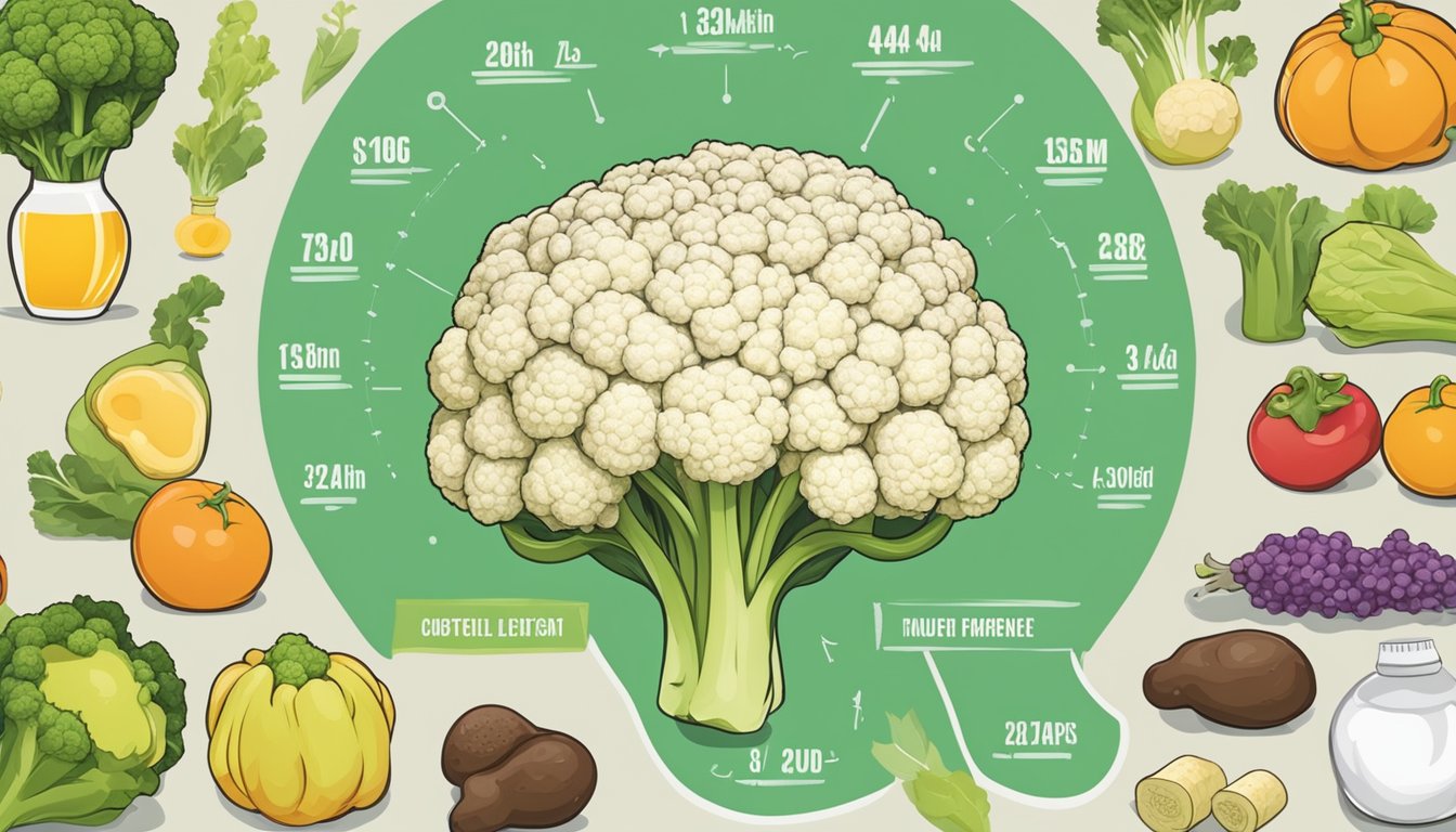 A head of cauliflower surrounded by various dietary choices, with a glycemic index chart in the background