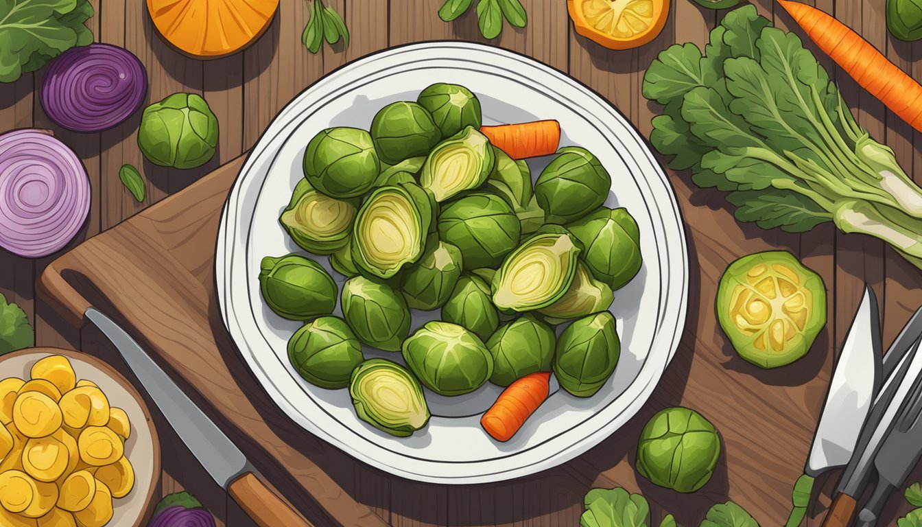 A plate of roasted Brussels sprouts surrounded by colorful vegetables on a wooden cutting board