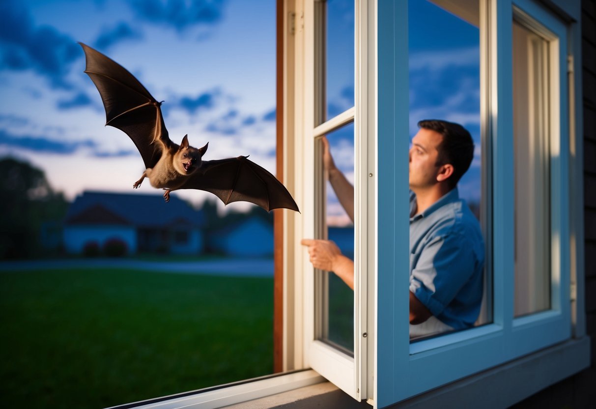 A bat flying out of an open window at dusk, while a person seals up potential entry points on the exterior of a house