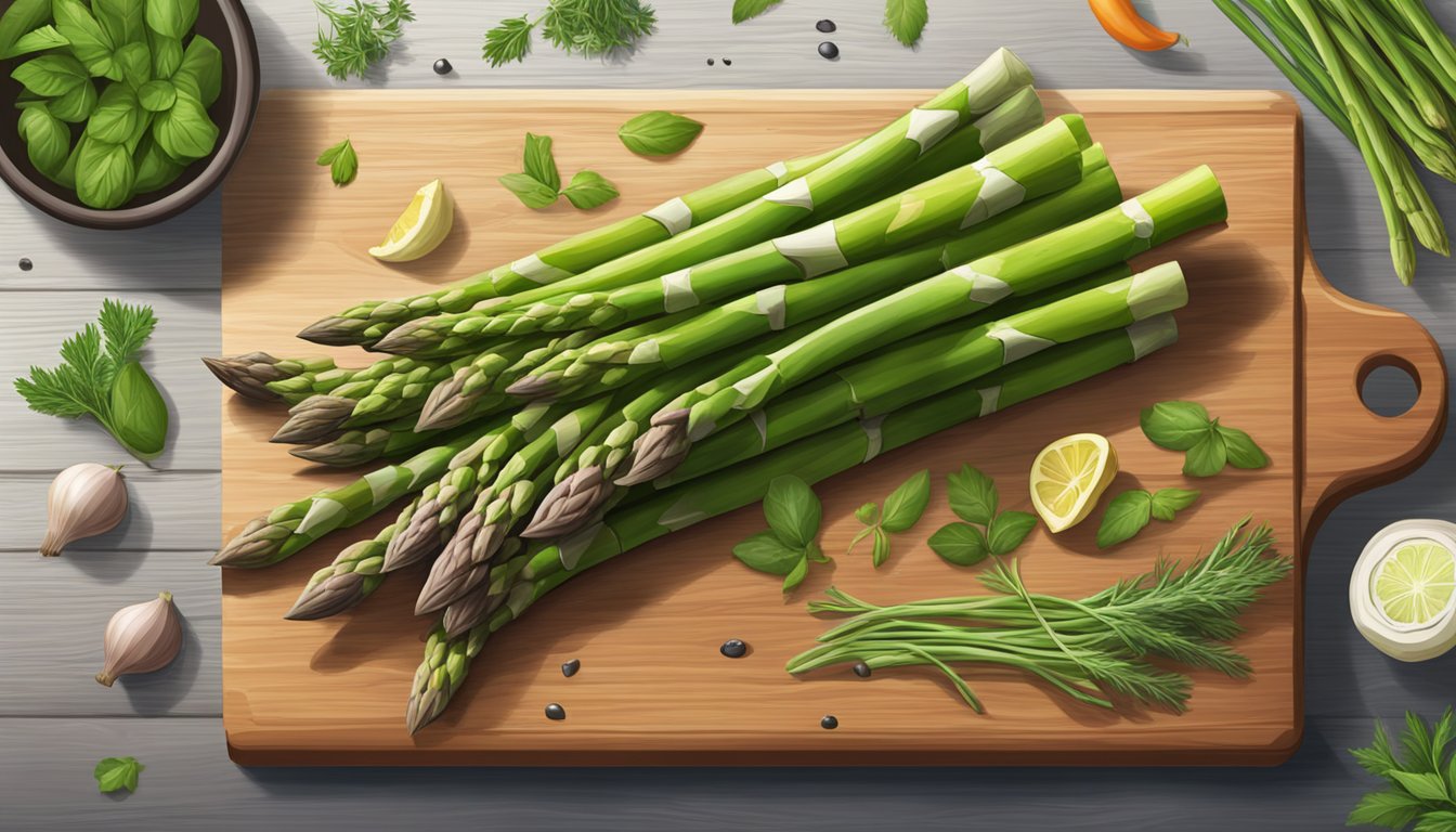 A vibrant bunch of asparagus spears arranged on a rustic wooden cutting board, surrounded by fresh herbs and other colorful vegetables