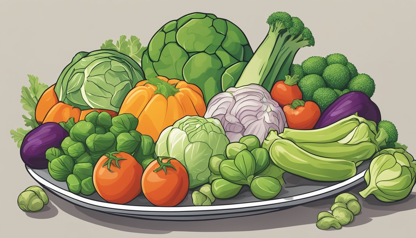 A plate of assorted vegetables with a focus on Brussels sprouts in the center, surrounded by other vegetables