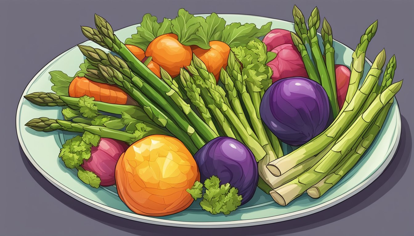 A colorful plate with a variety of vegetables, including vibrant green asparagus, arranged in an appealing and appetizing manner