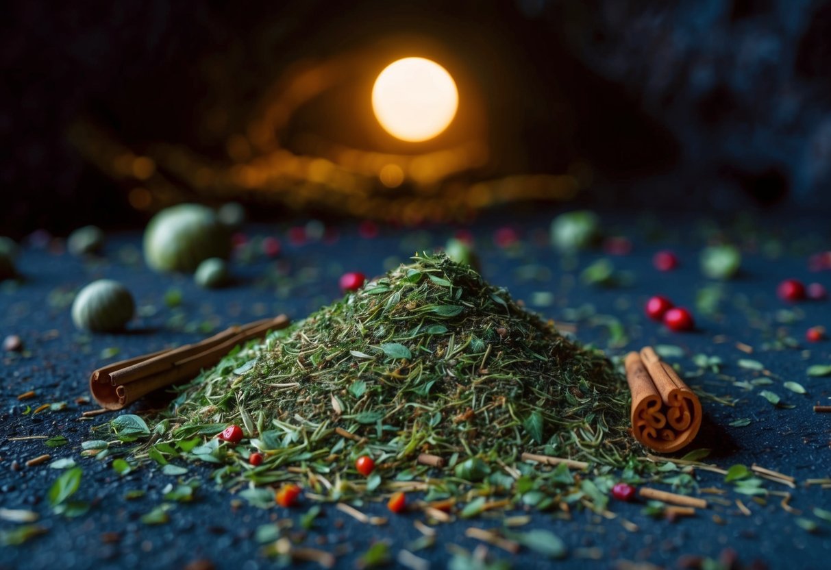 Strong-smelling herbs and spices scattered around a moonlit cave