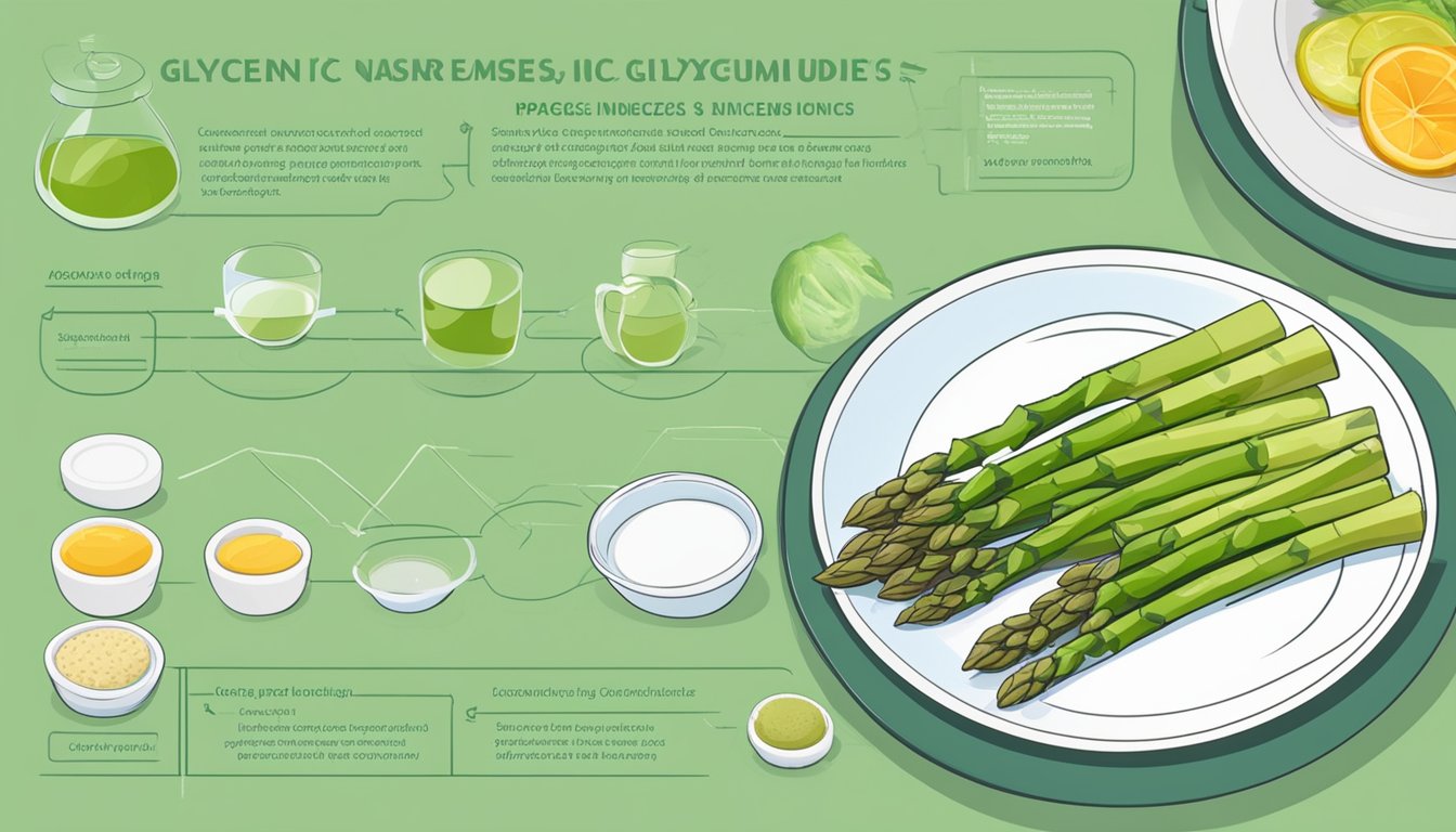 A plate with various foods, including asparagus, next to a chart comparing their glycemic indexes