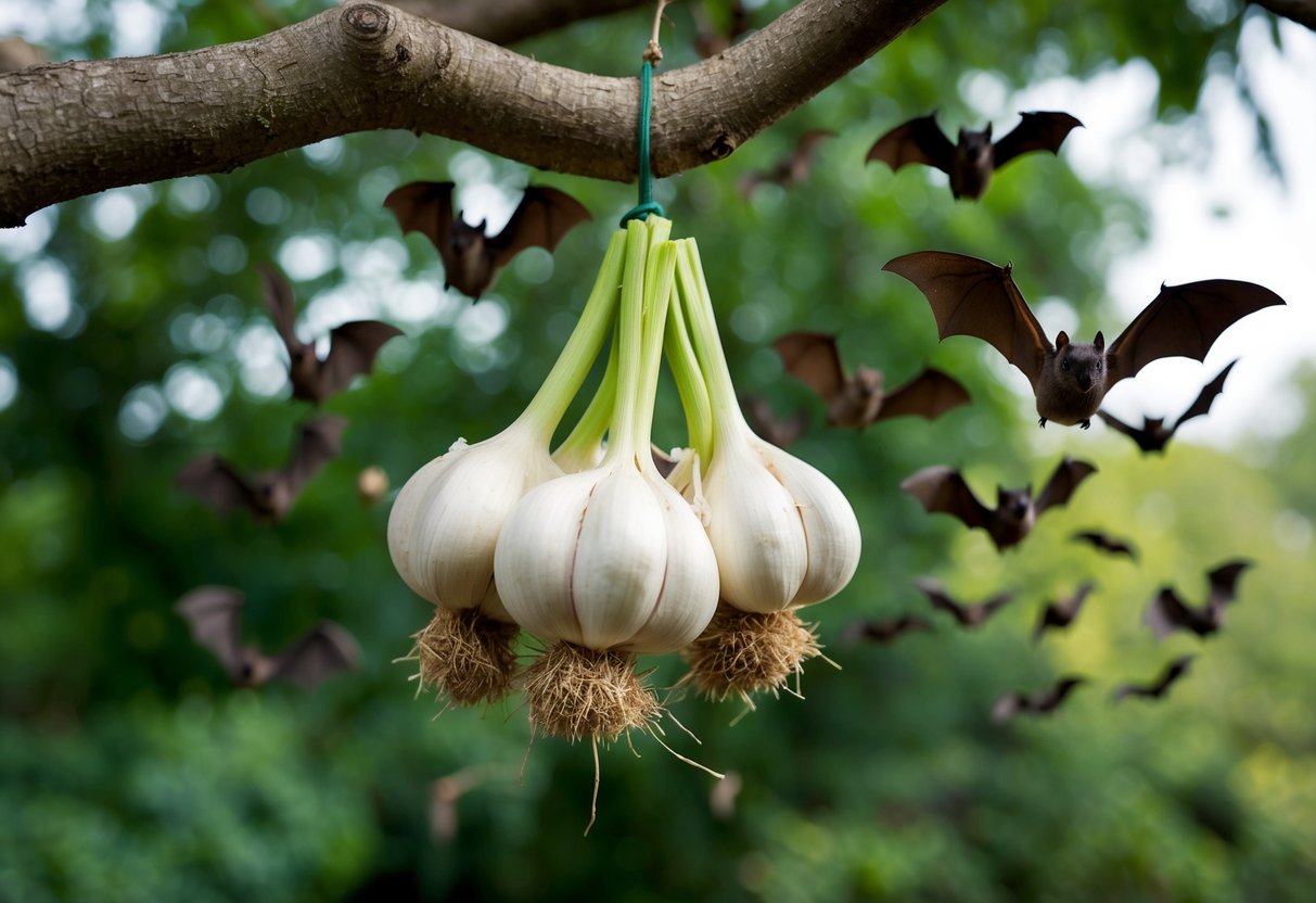 A cluster of pungent garlic cloves hung from a tree, while a cloud of bats scattered away in response to the strong odor