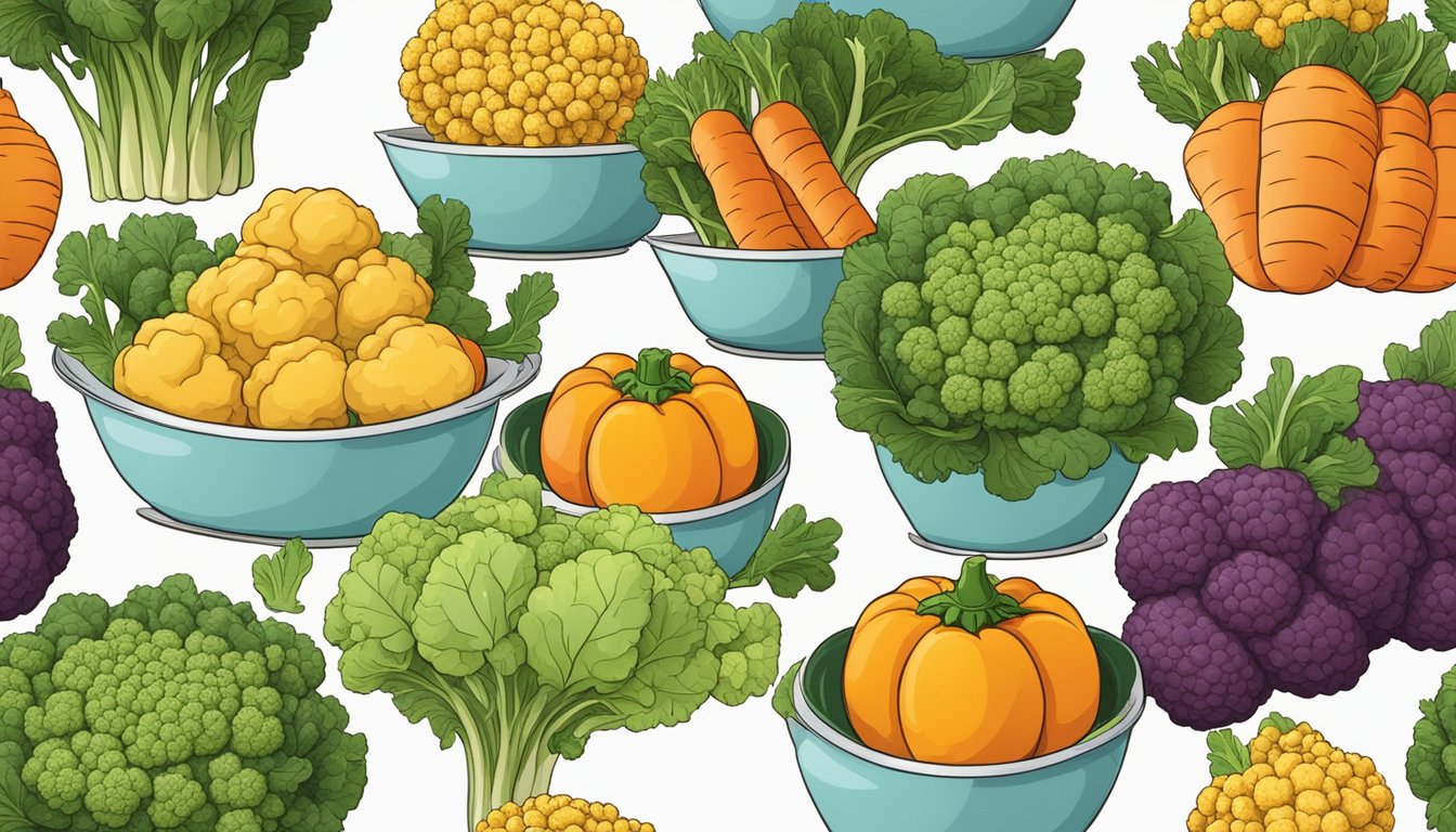 A table with various vegetables, including cauliflower, arranged for comparison