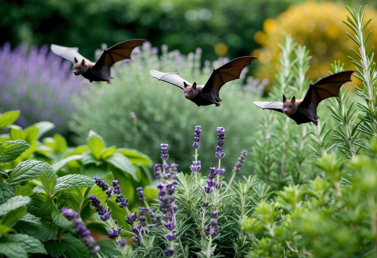 A garden filled with fragrant herbs like mint, lavender, and rosemary, with bats flying away from the strong scents