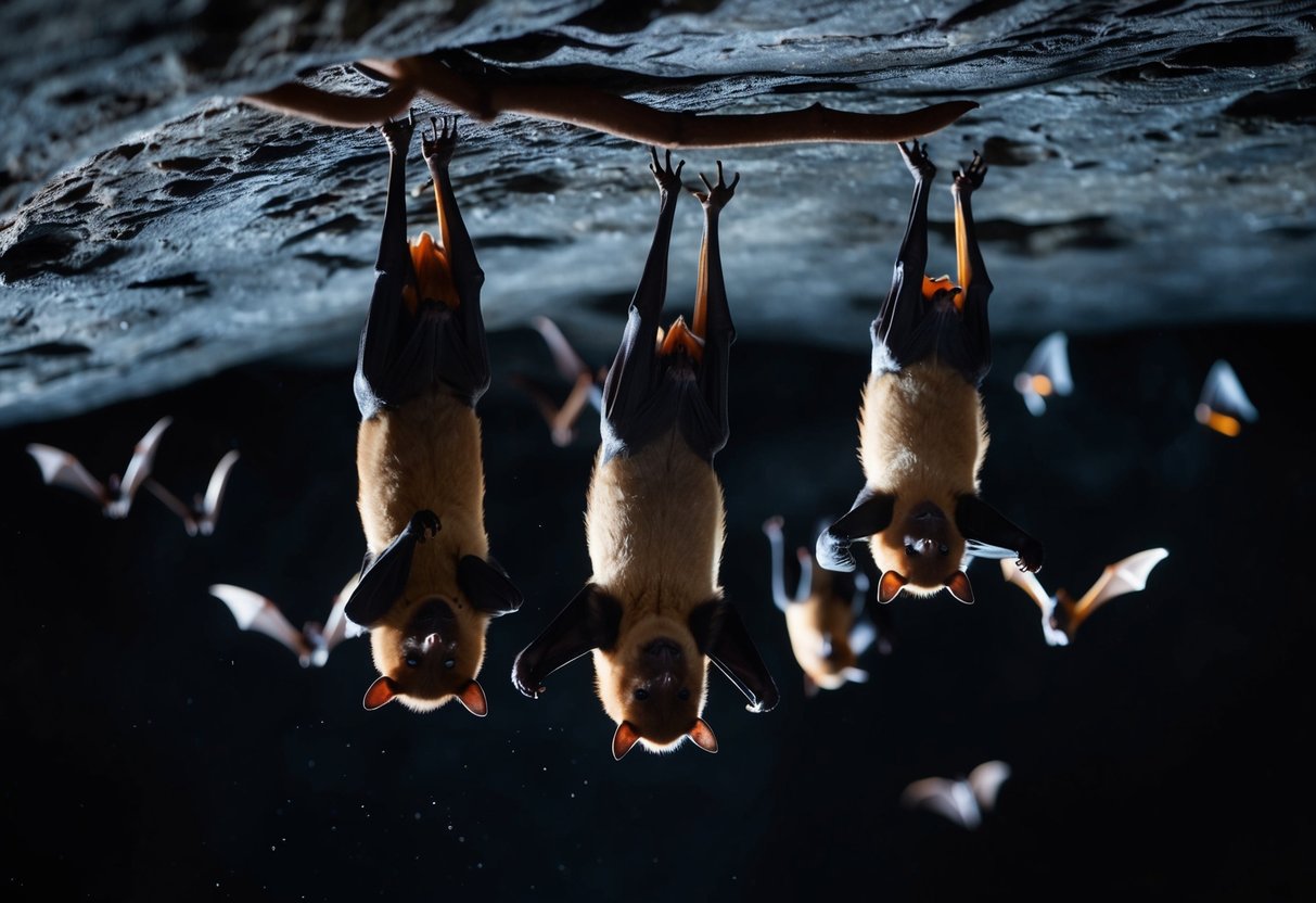 A group of bats of various sizes and colors hanging upside down in a dark cave, with some flying around in the background