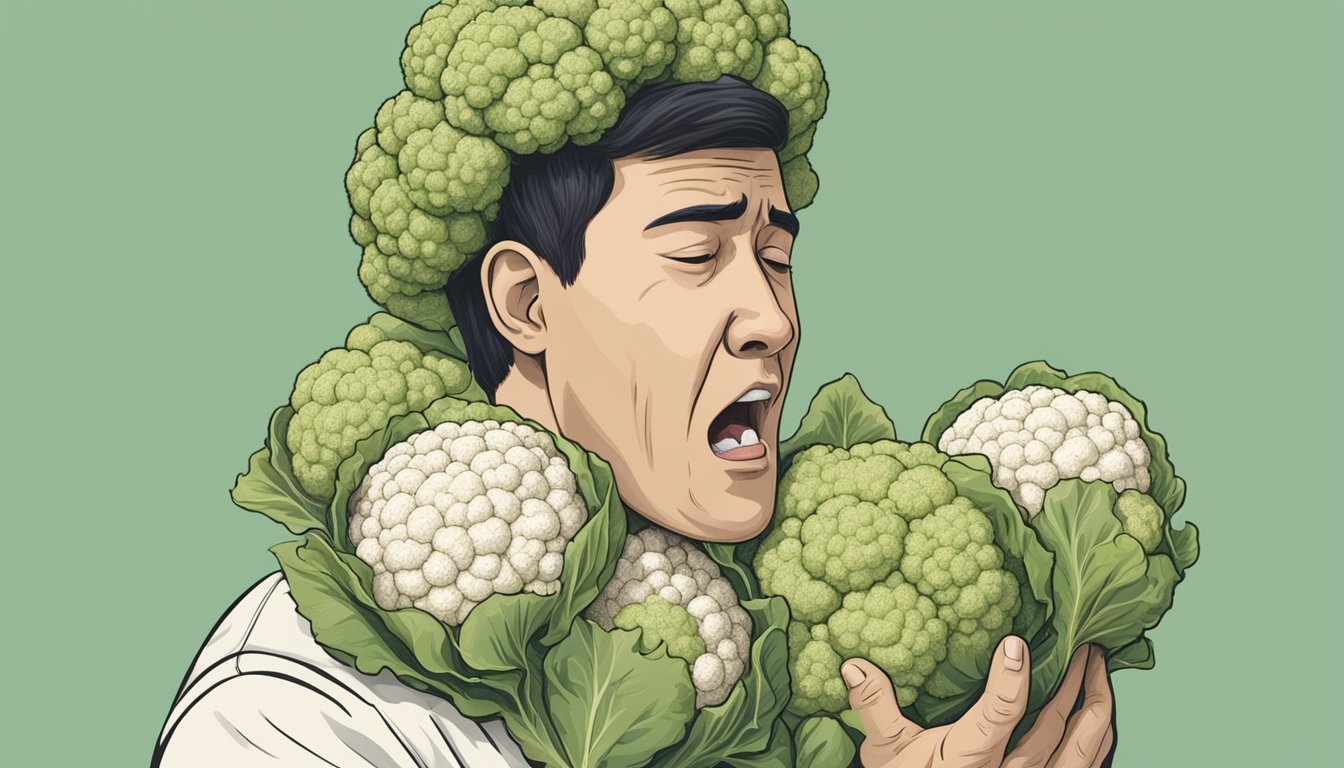 A person dropping a cauliflower and clutching their throat, surrounded by swollen eyes and hives