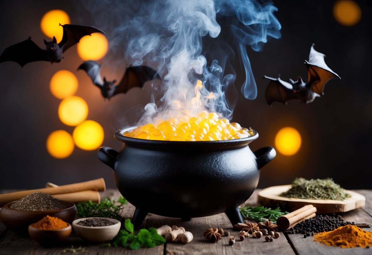 A bubbling cauldron emits pungent fumes, surrounded by various herbs and spices. Bats fly away from the noxious odor