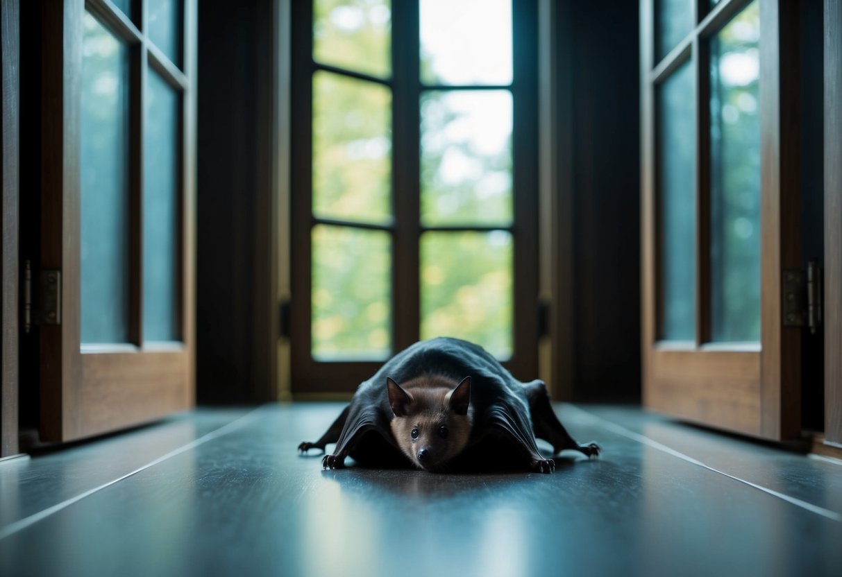 A bat resting on the floor of a dimly lit room, surrounded by open windows and doors