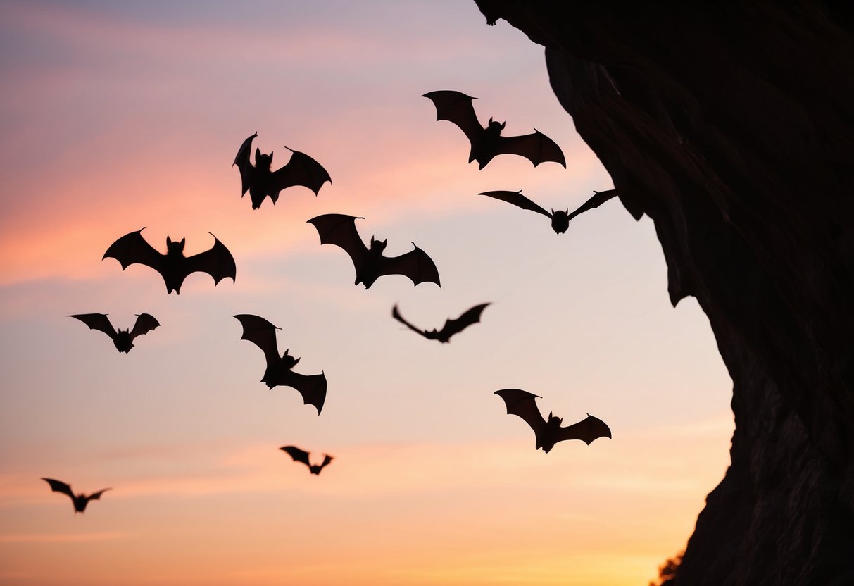 A group of bats flying out of a cave at dusk, silhouetted against the orange and pink sky