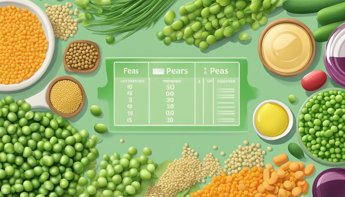 A pile of fresh peas surrounded by a variety of nutritional components, such as vitamins, minerals, and fiber, with a glycemic index chart in the background