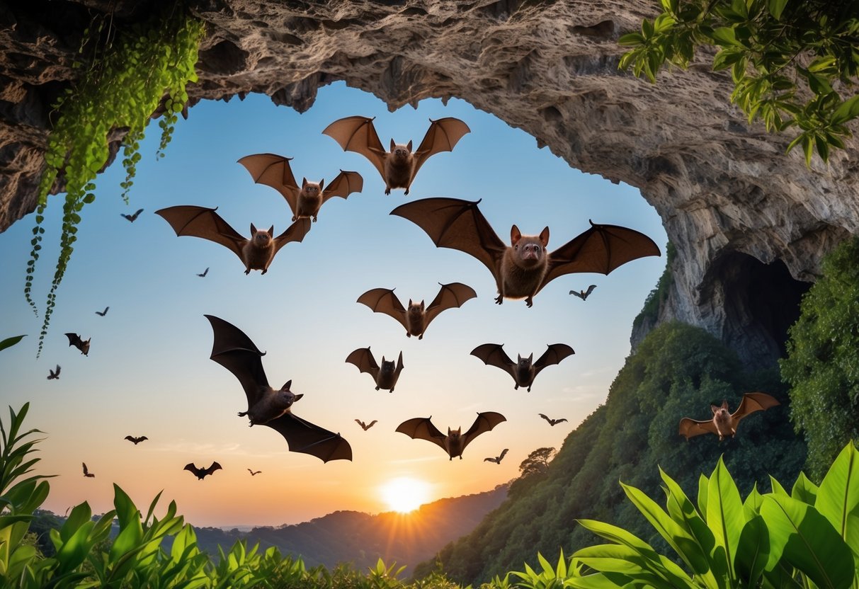 A group of bats flying out of a cave at sunset, with a diverse range of bat species depicted in flight, surrounded by lush green vegetation and a clear sky