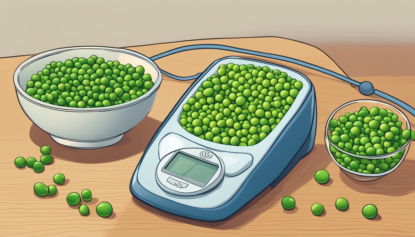 A bowl of peas next to a blood sugar monitor showing stable levels