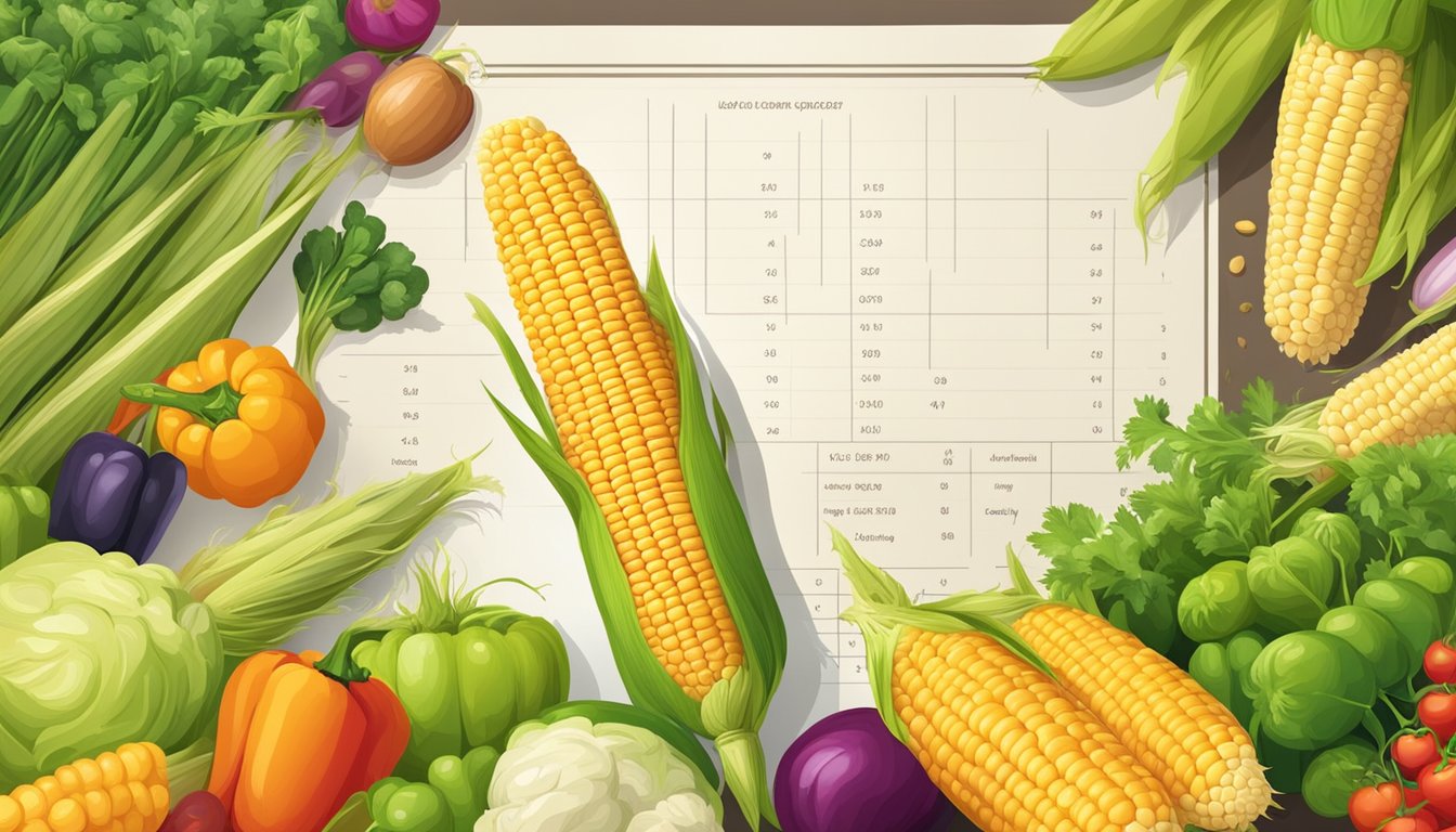 A colorful ear of corn surrounded by various vegetables and a nutritional chart