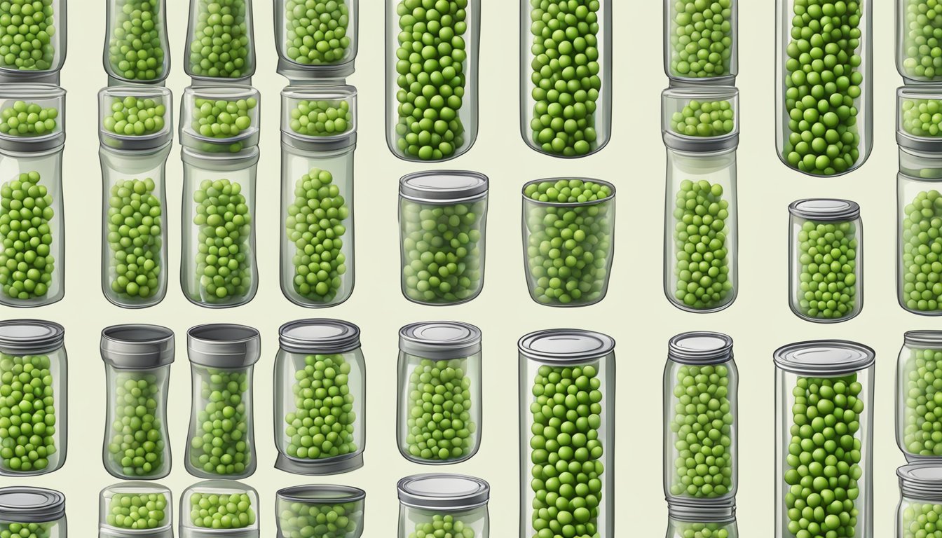 A variety of peas arranged in rows, including fresh, frozen, and canned, with a pot and steamer for preparation