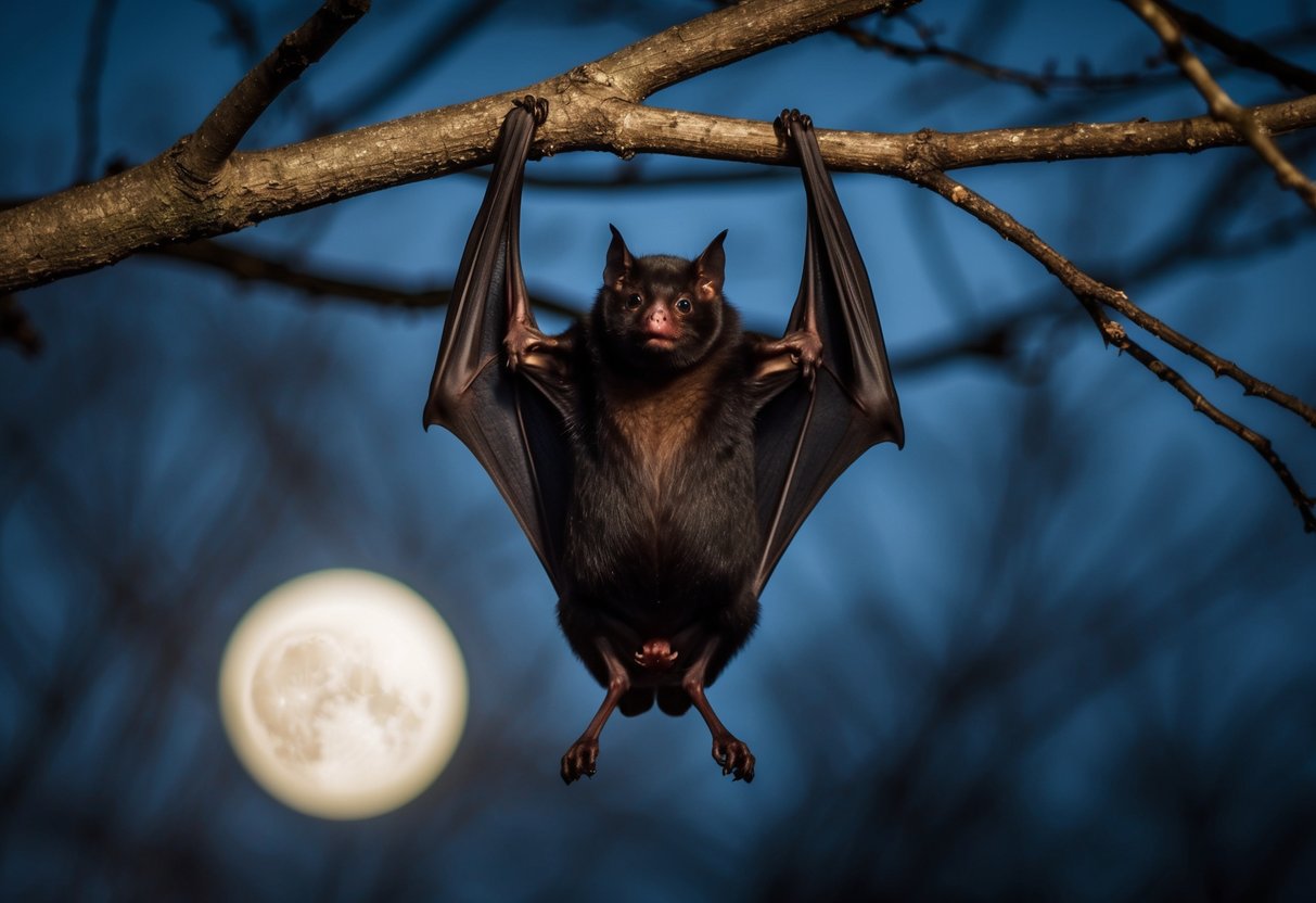A bat hanging upside down from a tree branch, surrounded by darkness with moonlight casting a faint glow