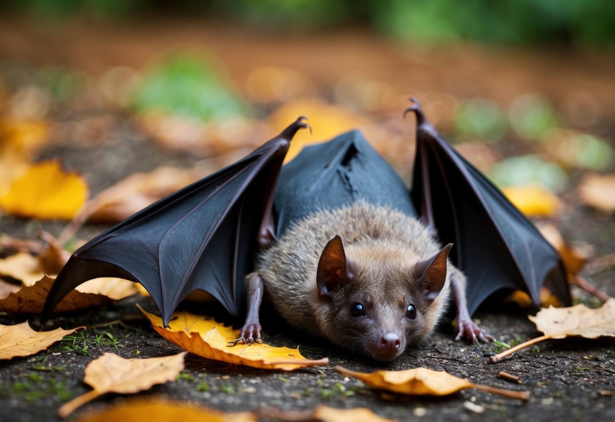 A bat lies on the ground, injured, with a broken wing, surrounded by fallen leaves and twigs