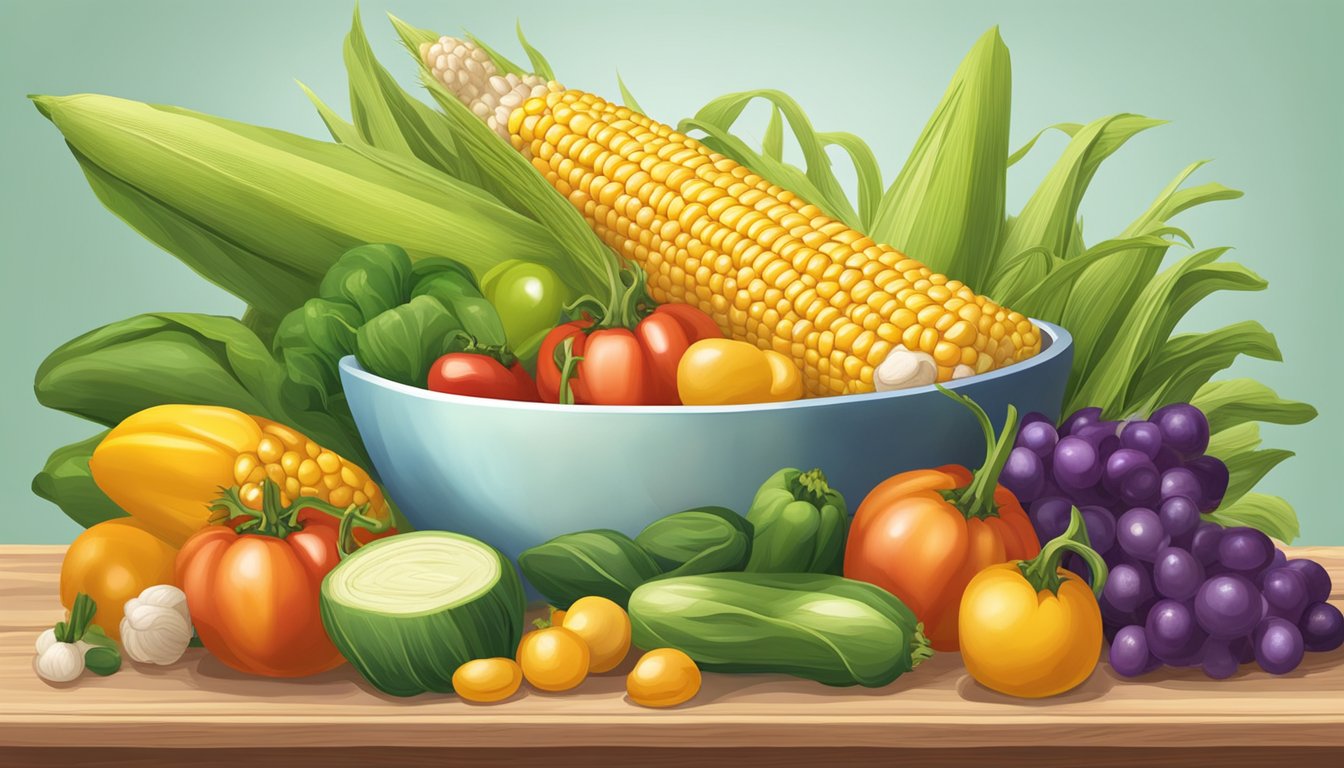 A bowl of corn sits on a wooden table, surrounded by other colorful vegetables